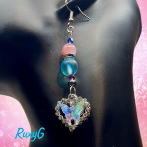 577. Pink  & Blue  Butterfly Heart Earrings - silver